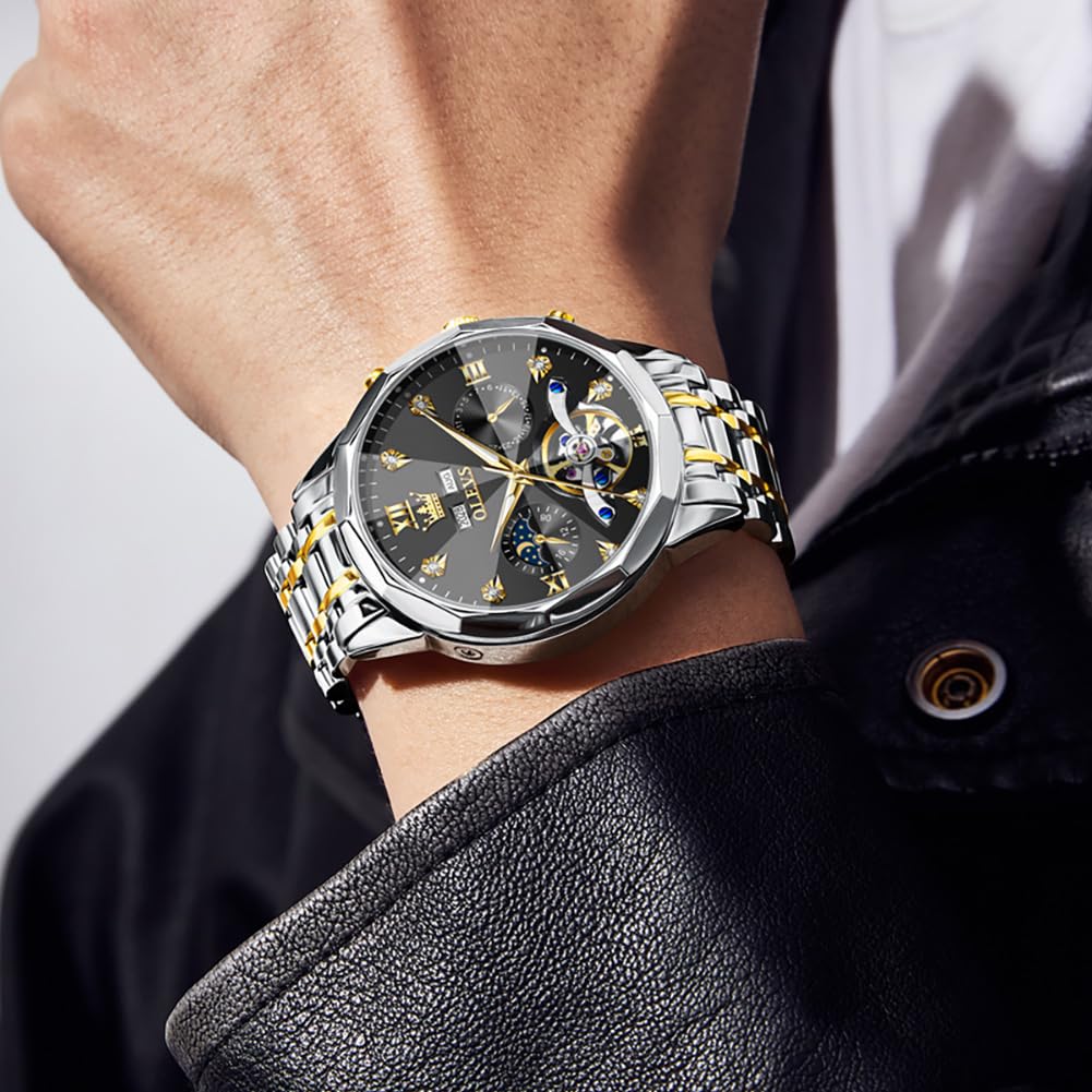 OLEVS Skeleton Men Watches Automatic Business Luxury Diamond Self Winding Watch for Men Stainless Steel Calendar Wrist Watch