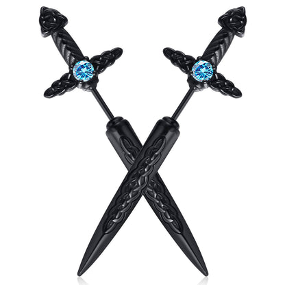 Hisatan Sword Earrings for Men Women, Stainless Steel Gothic Dagger Celtic Knot Irish Studs Earrings, Cool Punk Hip Pop Cubic Zirconia Dangle Goth Screw Spike Earring Jewelry