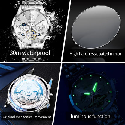 OLEVS Skeleton Men Watches Automatic Business Luxury Diamond Self Winding Watch for Men Stainless Steel Calendar Wrist Watch