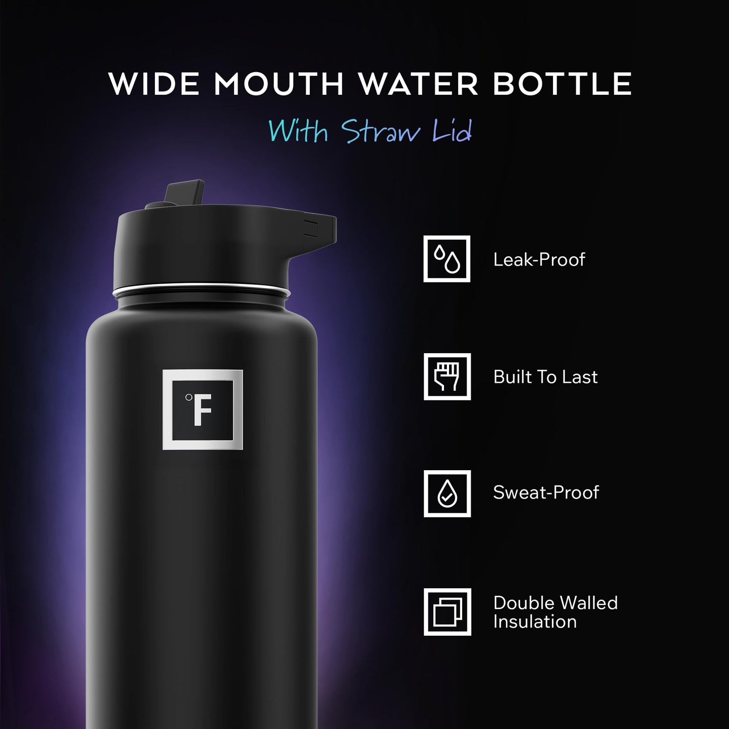 IRON °FLASK Camping & Hiking Hydration Flask with Straw, Wide Mouth Insulated Stainless Steel Sports Water Bottle - Midnight Black 24 oz - Straw (1 Lid)