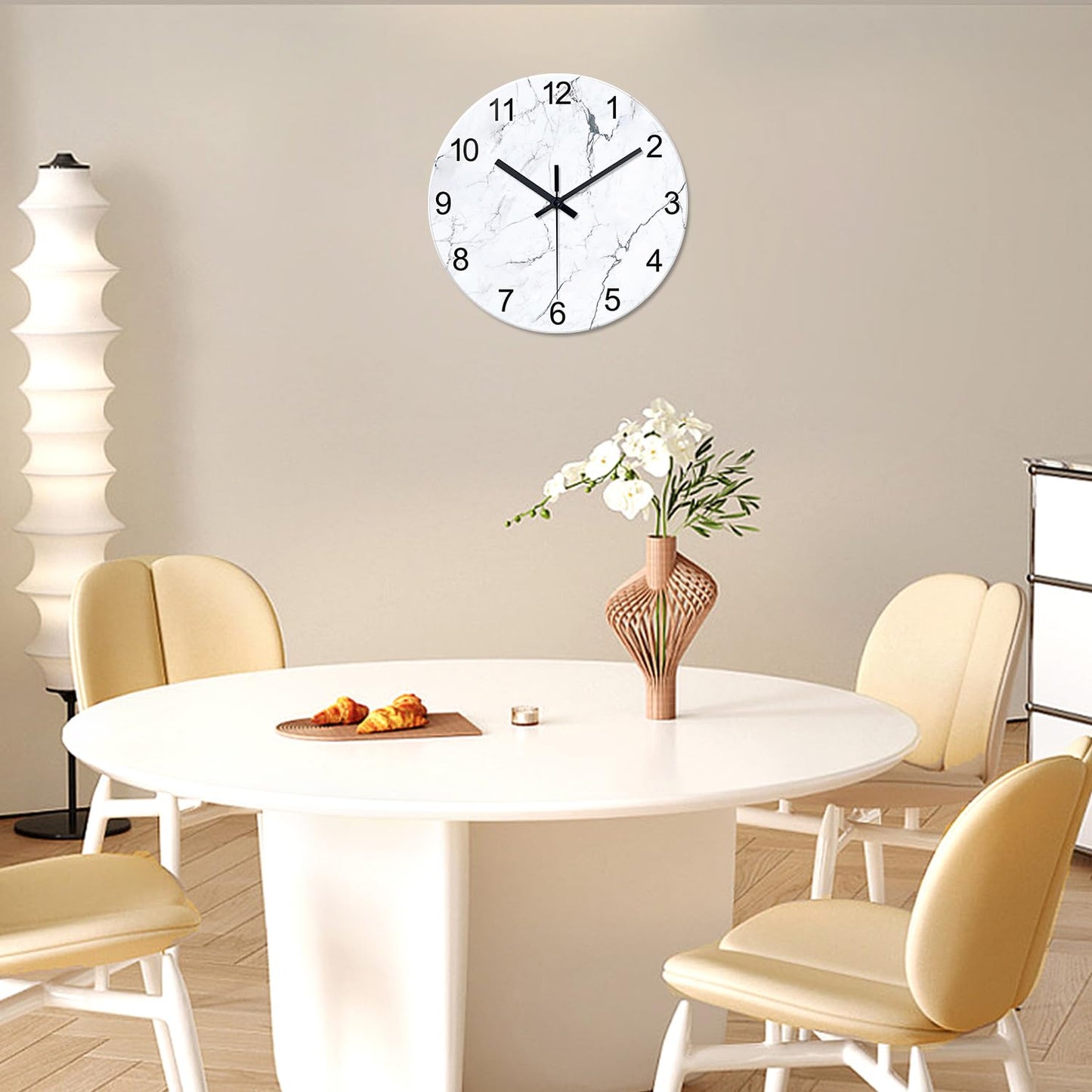 White Marble Glass Wall Clocks Battery Operated 12 Inch Abstract Decorative Analog Wall Clocks for Living Room Bedroom Office Silent Wall Clock Modern