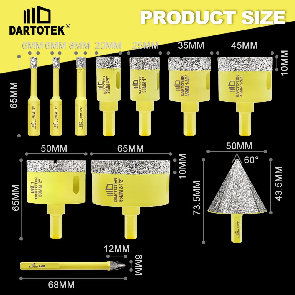 Diamond Core Drill Bits Set for Tile, DARTOTEK 10PCS Porcelain Hole Saw Kit with Aluminum Case, (6/6/8/20/35/50/65mm+2" Chamfer bit +SDS Adapter, Dry/Wet Drilling for Ceramic, Granite & Marble