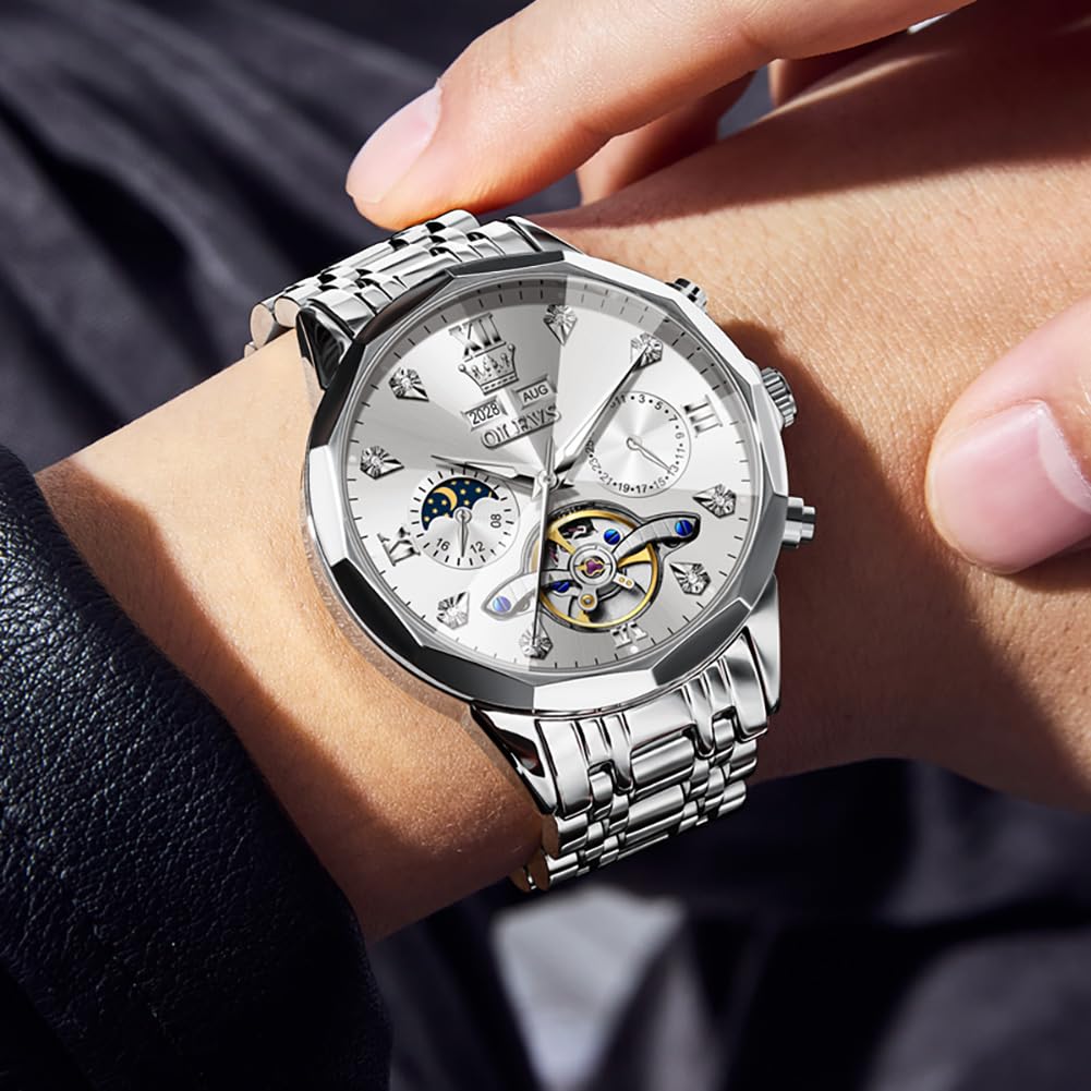 OLEVS Skeleton Men Watches Automatic Business Luxury Diamond Self Winding Watch for Men Stainless Steel Calendar Wrist Watch