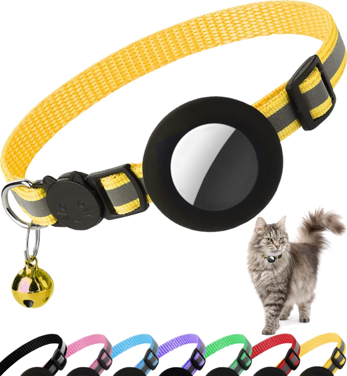 Airtag Cat Collar Breakaway, Cat Collar with Air Tag Holder(Black) | Safety Breakaway Buckle, Reflective Strip, Lightweight, Bell, 0.4 Inches in Width, Adjustable Size to Fit Different Cats
