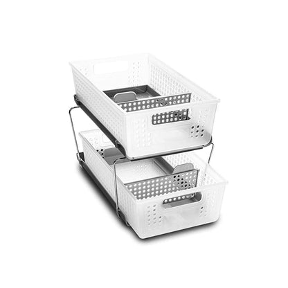 madesmart 2 Tier Bath Organizer, Undersink Storage with Sliding Drawers, for Cleaning Supplies, Pantry, Sponges, Bottles & Kitchen Essentials, Adjustable Dividers & Pull Out Sliding Baskets, Frost