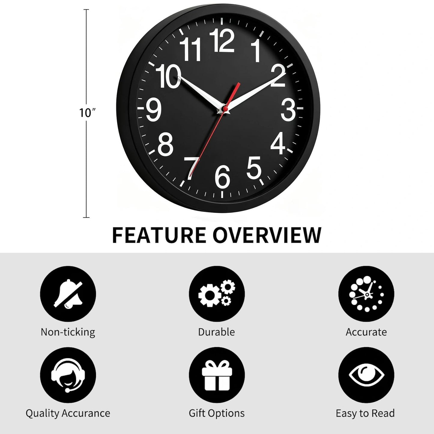 Rohioue Wall Clock Modern 8 Inch Battery Operated Silent Non Ticking Small Analog Clock for Living Room Office Home Bedroom Kitchen Bathroom(Black)