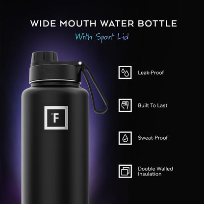 IRON °FLASK Camping & Hiking Hydration Flask with Straw, Wide Mouth Insulated Stainless Steel Sports Water Bottle - Midnight Black 24 oz - Straw (1 Lid)
