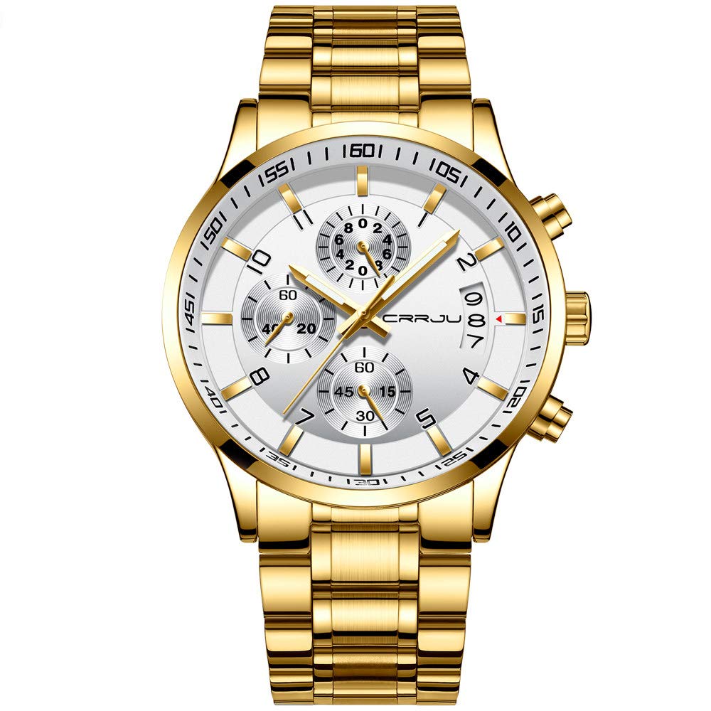CRRJU Men's Fashion Stainless Steel Watches Date Waterproof Chronograph Wristwatches,Black Steel Band Waterproof Quartz Watch for Men