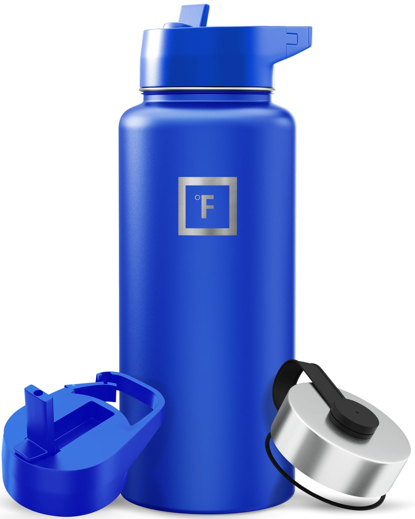 IRON °FLASK Camping & Hiking Hydration Flask with Straw, Wide Mouth Insulated Stainless Steel Sports Water Bottle - Midnight Black 24 oz - Straw (1 Lid)