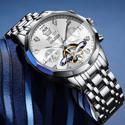 OLEVS Skeleton Men Watches Automatic Business Luxury Diamond Self Winding Watch for Men Stainless Steel Calendar Wrist Watch