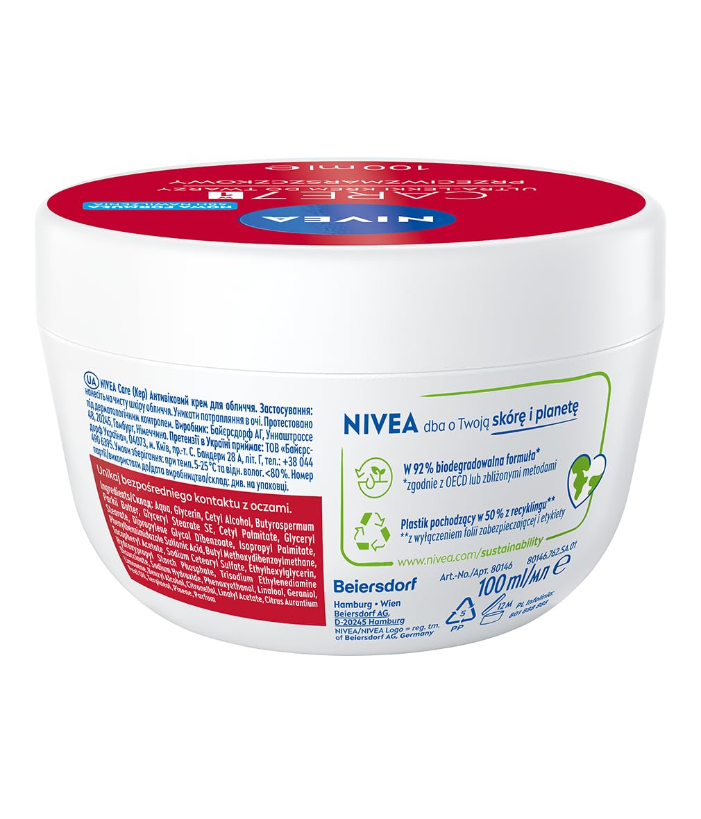 NIVEA Care Lightweight Face Cream for Daily Use, 100 ml Moisturizing Facial Cream with Vitamin E-Infused Formula for Everyday Skin Care Comfort and Everyday Use
