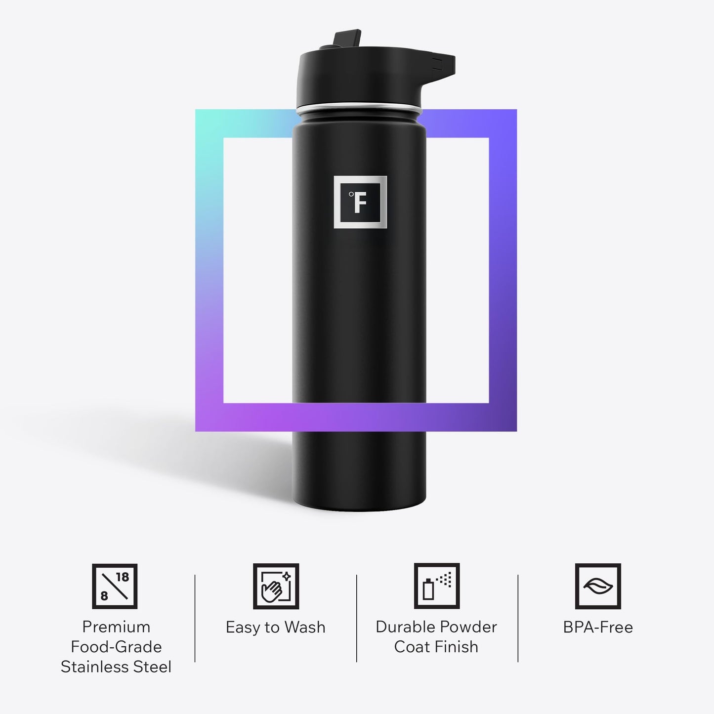IRON °FLASK Camping & Hiking Hydration Flask with Straw, Wide Mouth Insulated Stainless Steel Sports Water Bottle - Midnight Black 24 oz - Straw (1 Lid)