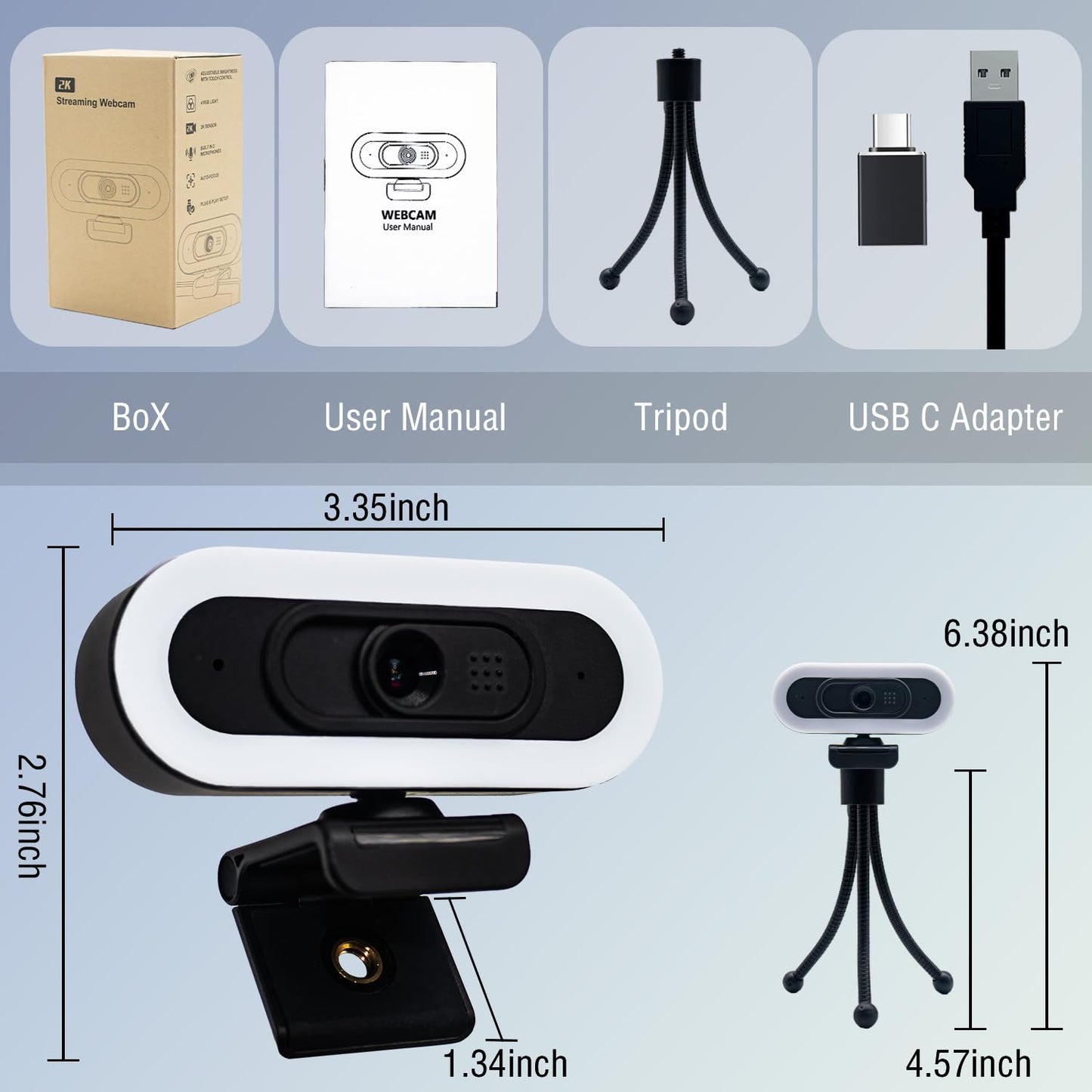 W4 2K Autofocus Webcam with Dual Mics & LED Light, 1080P 60fps/2K 50fps, USB Streaming Camera for PC, Laptop, Switch 2, Desktop - Plug and Play