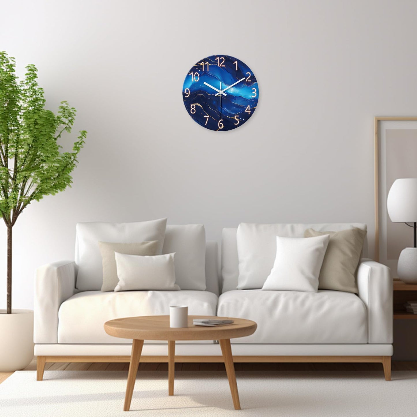 White Marble Glass Wall Clocks Battery Operated 12 Inch Abstract Decorative Analog Wall Clocks for Living Room Bedroom Office Silent Wall Clock Modern