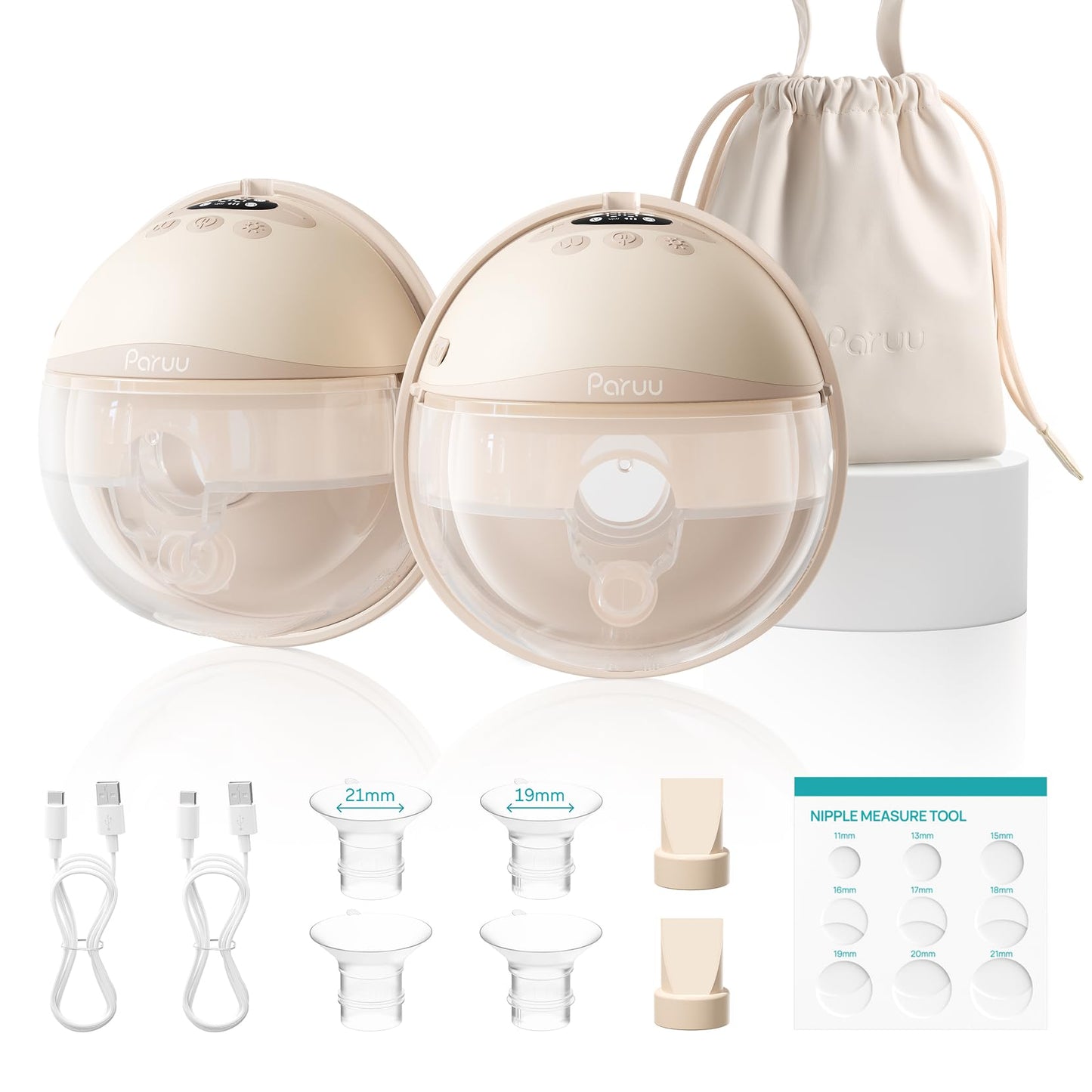 Paruu Hands Free Breast Pump P16, Wearable Breast Pump Electirc Portable with 4 Modes & 12 Levels, Max 309mmHg Strong Suction 19/21/24mm Flange Inserts Wearable Breastfeeding Pump, 2 Pack（Nude