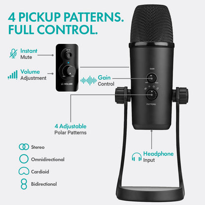Movo USB Podcast Equipment Bundle for 4 – USB Interface with 4 UM700 Condenser Microphones – 4-Port Powered Hub for Streaming, Podcasting, Interviews (White)