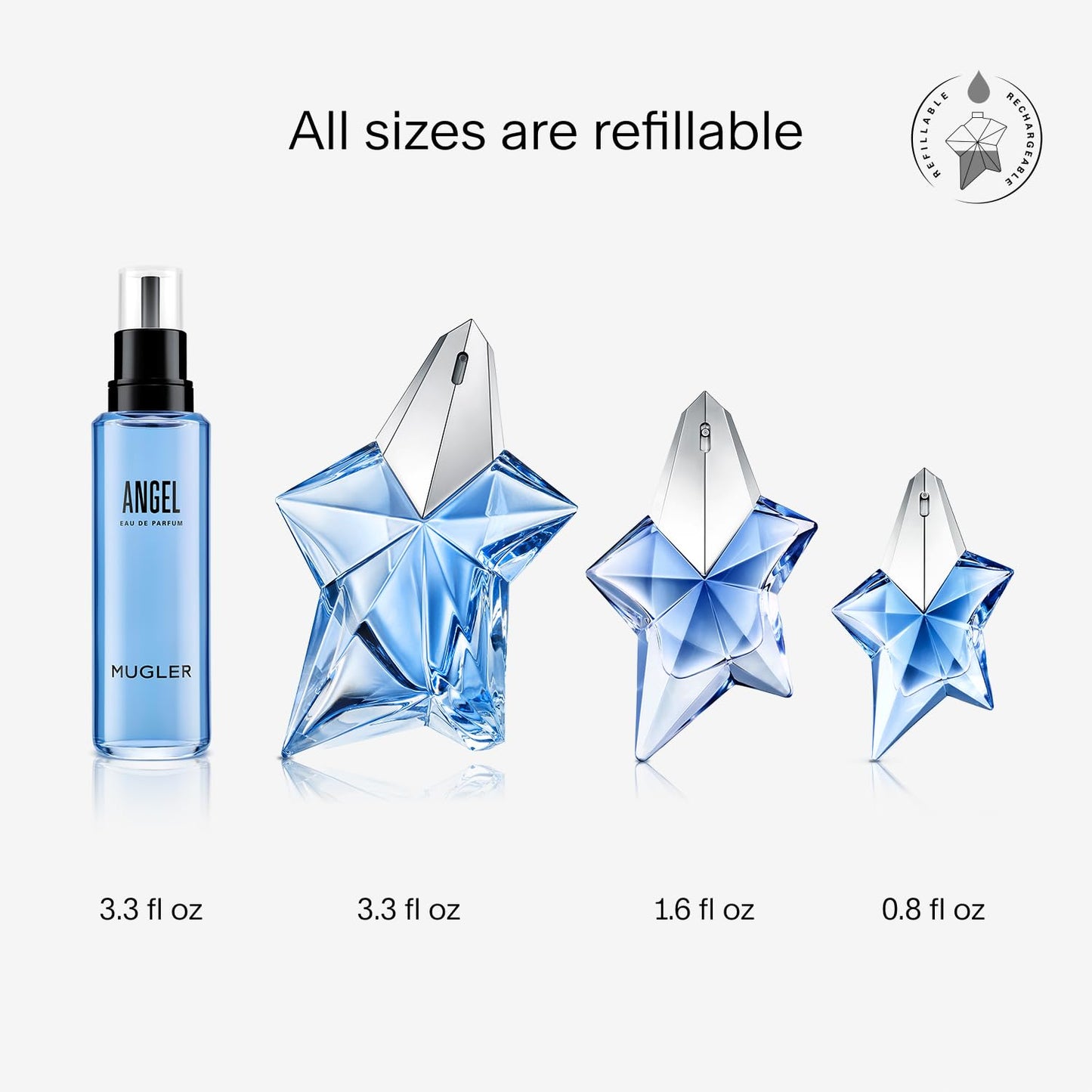 Mugler - Angel - Eau de Parfum - Womens Perfume Refill Bundle - Ambery & Woody - With Bergamot, Praline, and Patchouli - 1.6 Fl Oz Refillable Perfume & 3.3 Fl Oz Refill