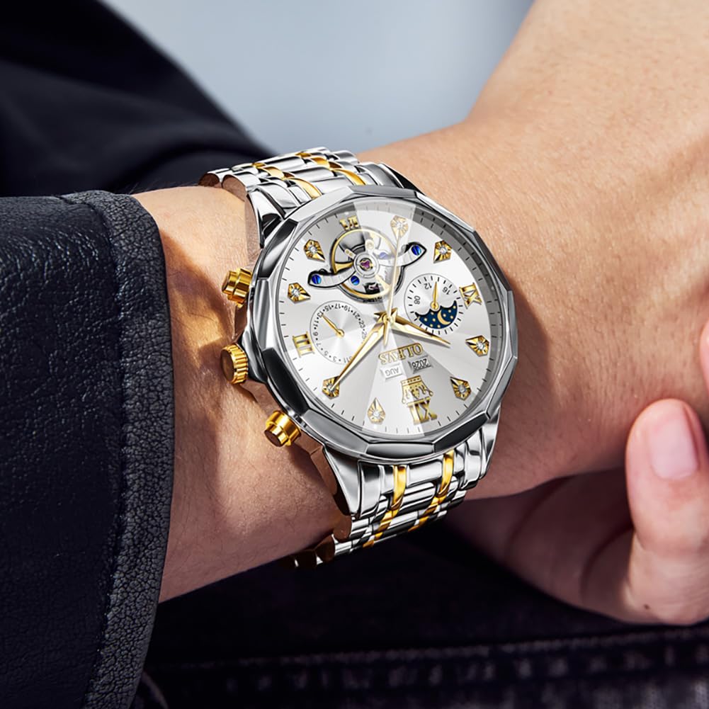 OLEVS Skeleton Men Watches Automatic Business Luxury Diamond Self Winding Watch for Men Stainless Steel Calendar Wrist Watch