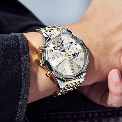 OLEVS Skeleton Men Watches Automatic Business Luxury Diamond Self Winding Watch for Men Stainless Steel Calendar Wrist Watch