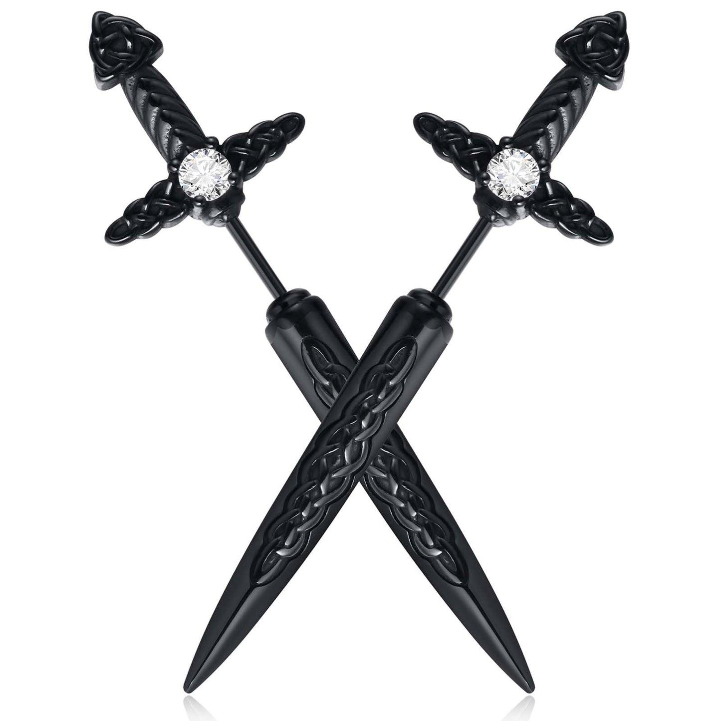 Hisatan Sword Earrings for Men Women, Stainless Steel Gothic Dagger Celtic Knot Irish Studs Earrings, Cool Punk Hip Pop Cubic Zirconia Dangle Goth Screw Spike Earring Jewelry