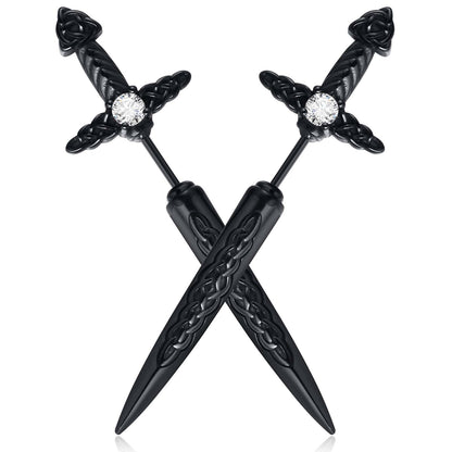 Hisatan Sword Earrings for Men Women, Stainless Steel Gothic Dagger Celtic Knot Irish Studs Earrings, Cool Punk Hip Pop Cubic Zirconia Dangle Goth Screw Spike Earring Jewelry