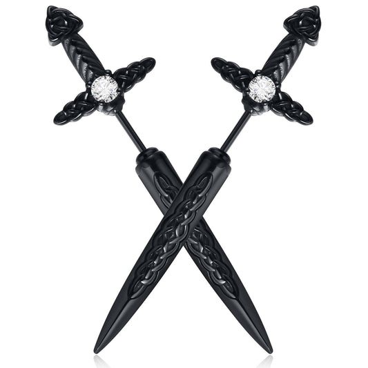 Hisatan Sword Earrings for Men Women, Stainless Steel Gothic Dagger Celtic Knot Irish Studs Earrings, Cool Punk Hip Pop Cubic Zirconia Dangle Goth Screw Spike Earring Jewelry