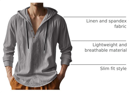 Mens Cotton Linen Hoodies Long Sleeve Button Down Shirts Casual Hawaiian Beach Yoga Sweatshirts