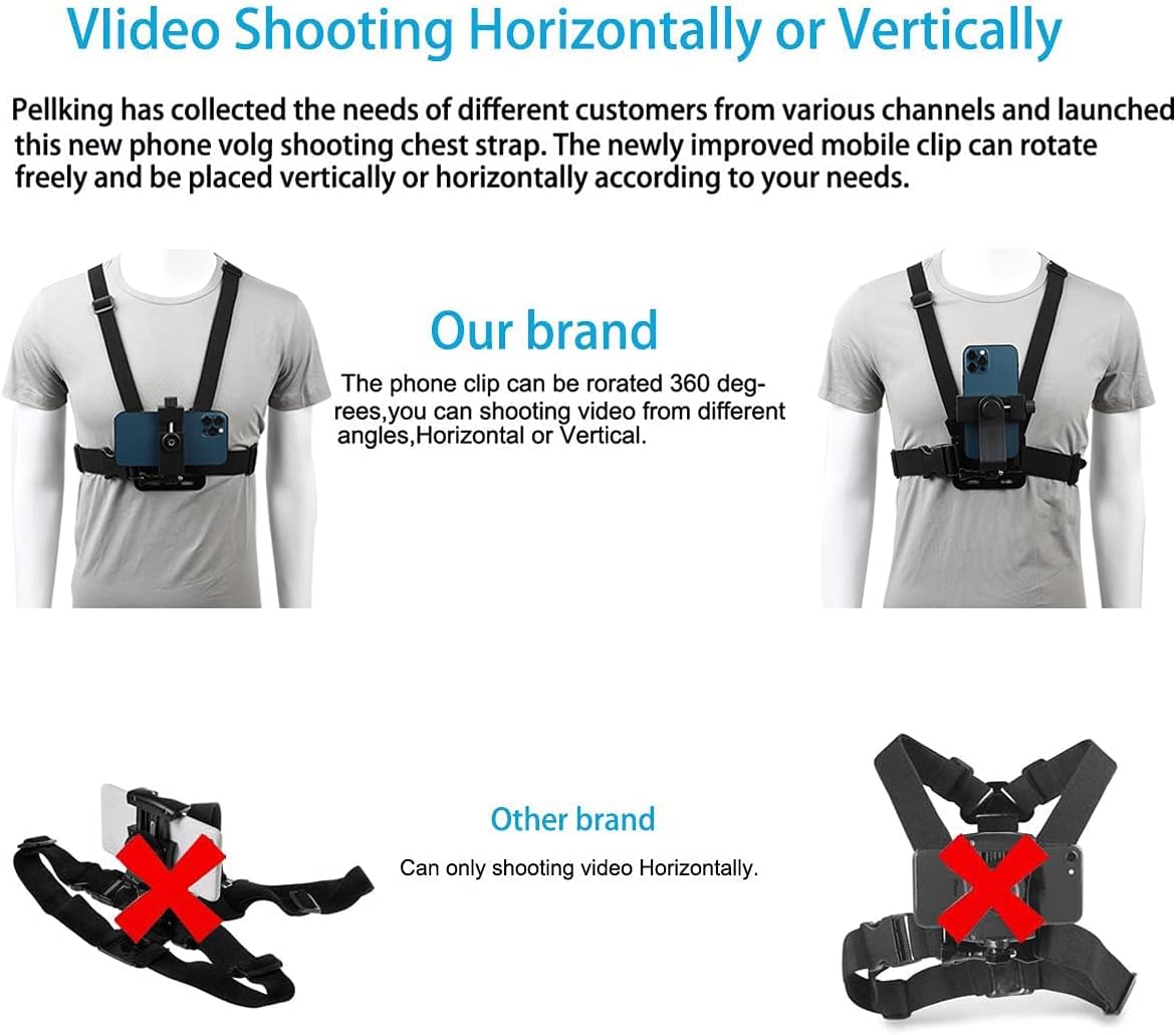 PellKing Mobile Phone Chest Mount Harness Strap Holder Cell Phone Clip Action Camera POV for Samsung iPhone Plus etc
