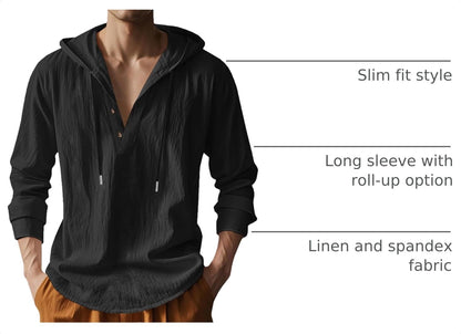Mens Cotton Linen Hoodies Long Sleeve Button Down Shirts Casual Hawaiian Beach Yoga Sweatshirts