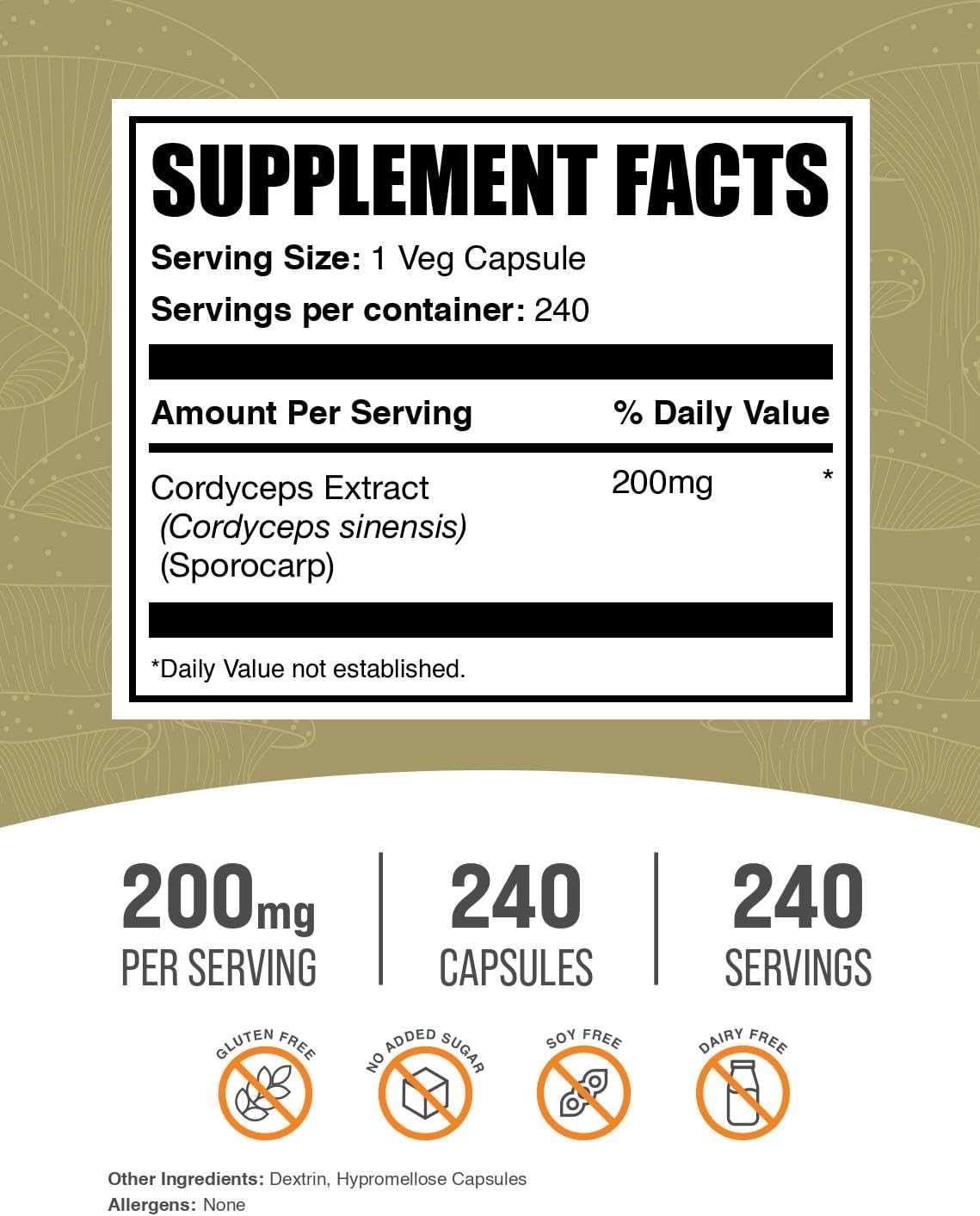 BulkSupplements.com Cordyceps Mushroom Capsules - Cordyceps Extract, Cordyceps Sinensis - Gluten Free, 1 Capsule per Serving (200mg), 240 Veg Capsules (Pack of 1)