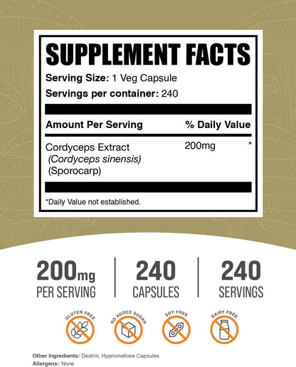 BulkSupplements.com Cordyceps Mushroom Capsules - Cordyceps Extract, Cordyceps Sinensis - Gluten Free, 1 Capsule per Serving (200mg), 240 Veg Capsules (Pack of 1)