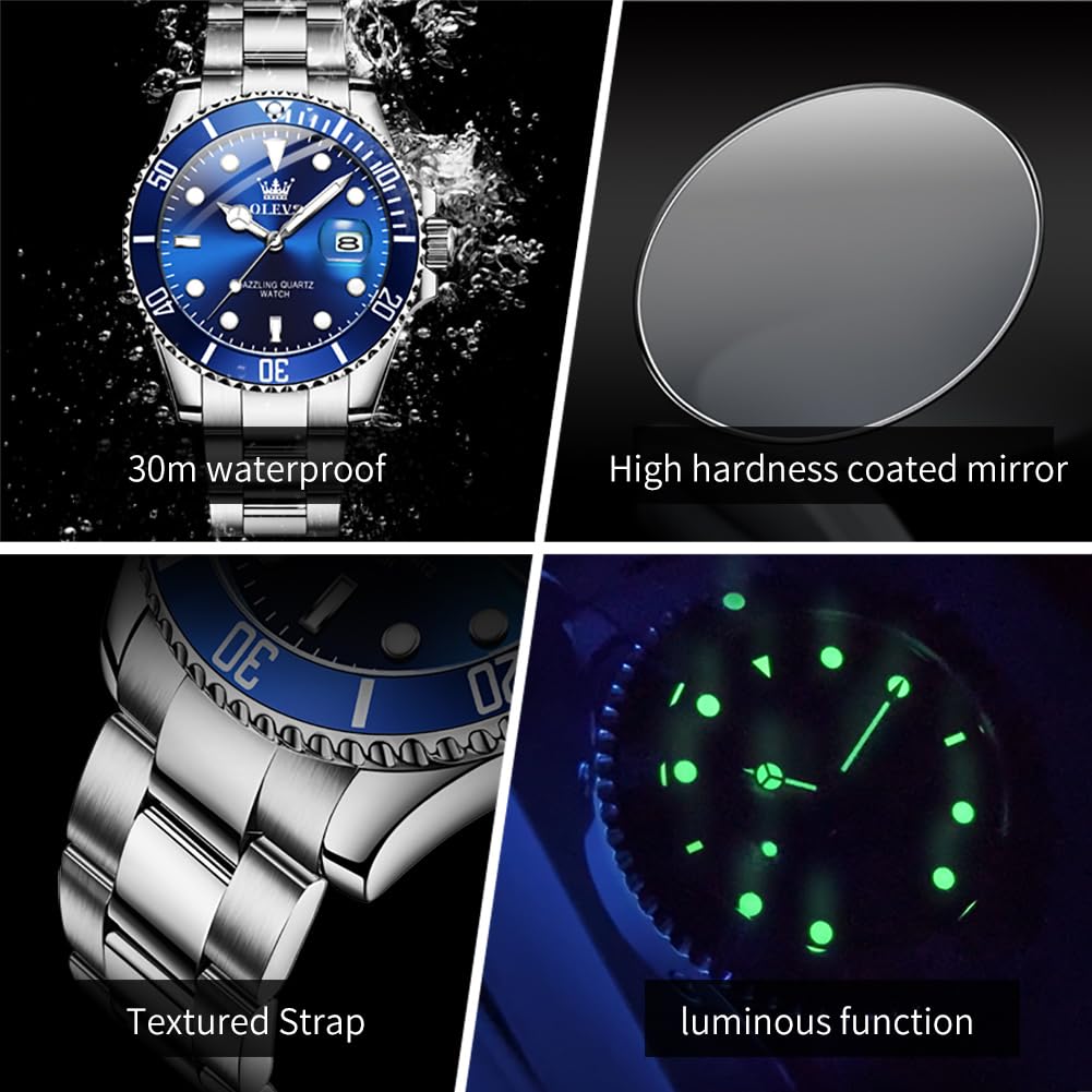 OLEVS Luxury Watches for Men Big Face Stainless Steel Business Dress Analog Quartz Watch with Day Waterproof Luminous Mens Wrist Watch