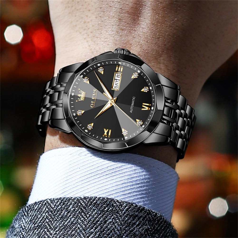 OLEVS Skeleton Men Watches Automatic Business Luxury Diamond Self Winding Watch for Men Stainless Steel Calendar Wrist Watch