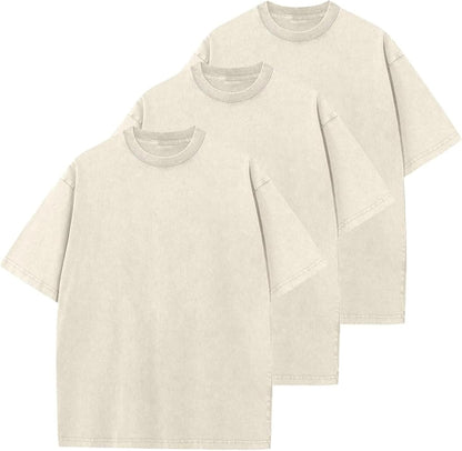 Men's Cotton T-Shirts Oversized Unisex Short Sleeves Casual Loose Wash Solid Basic Tee Tops
