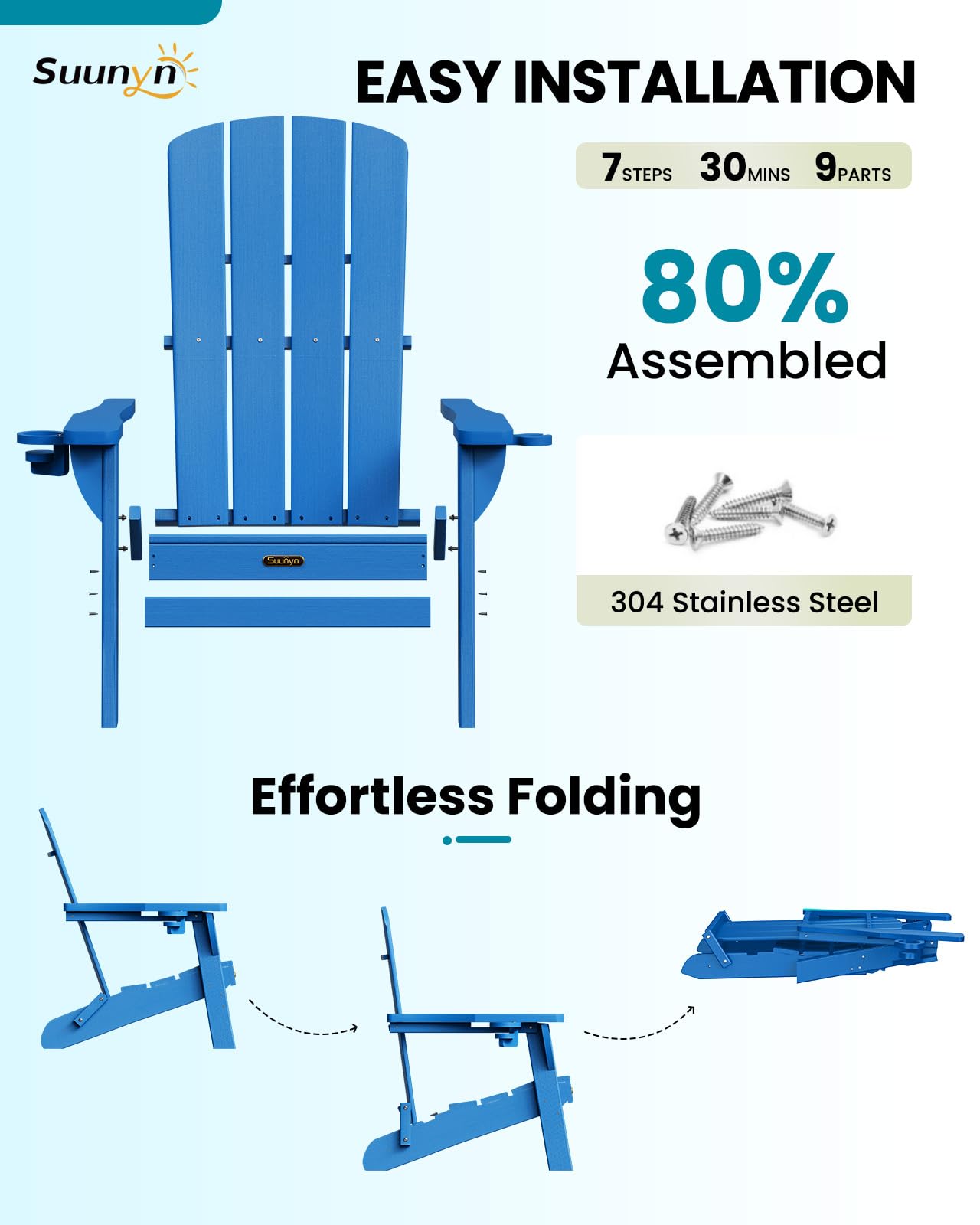 Folding Adirondack Chair, HDPE Adirondack Chairs with 2 Cup Holder, Plastic All-Weather Fire Pit Chairs, Outdoor Lawn Chair for Patio Garden (Grey)