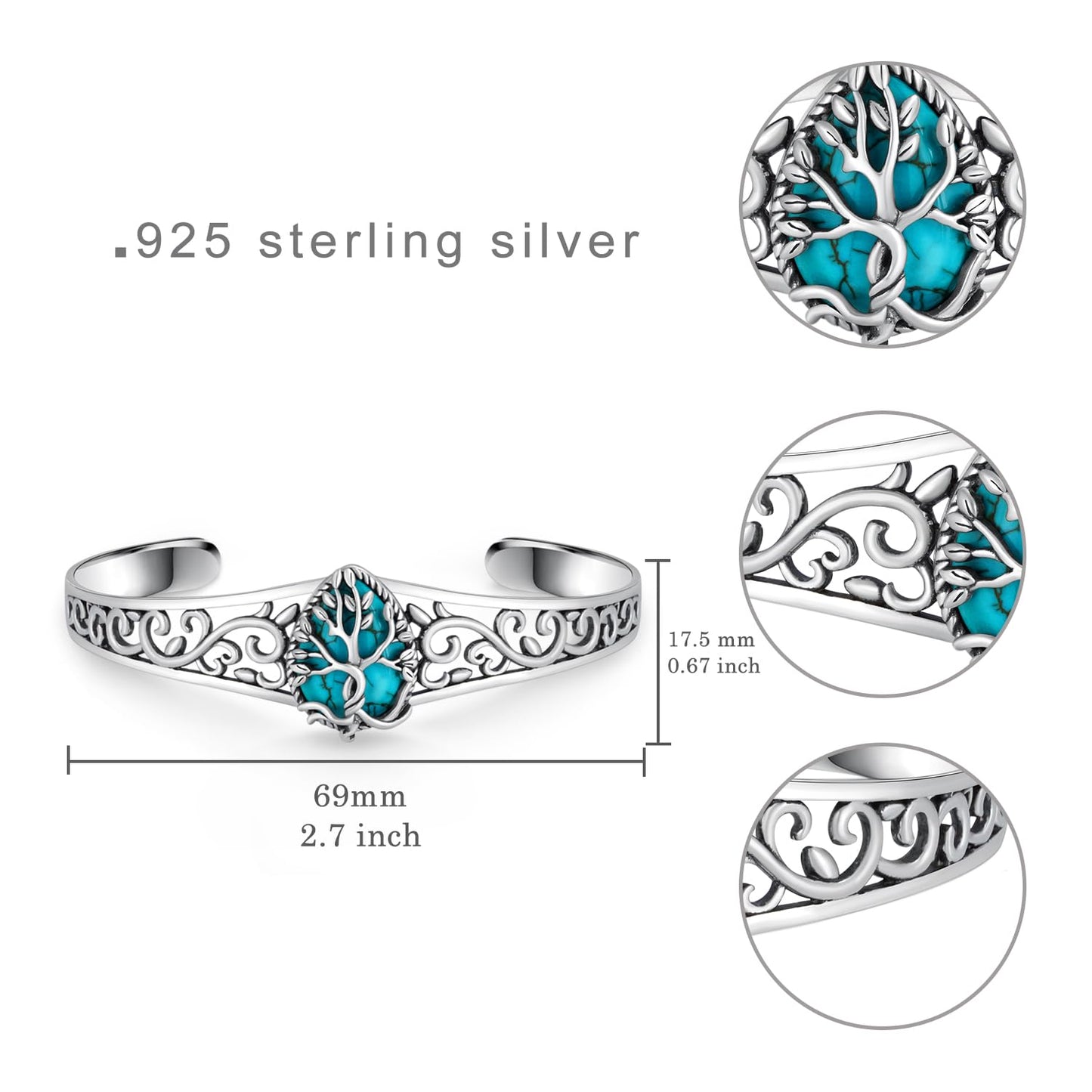 Genuine Turquoise Bracelet for Women 925 Sterling Silver Real Turquoise Cuff Bracelet Vintage Western Jewelry for Women