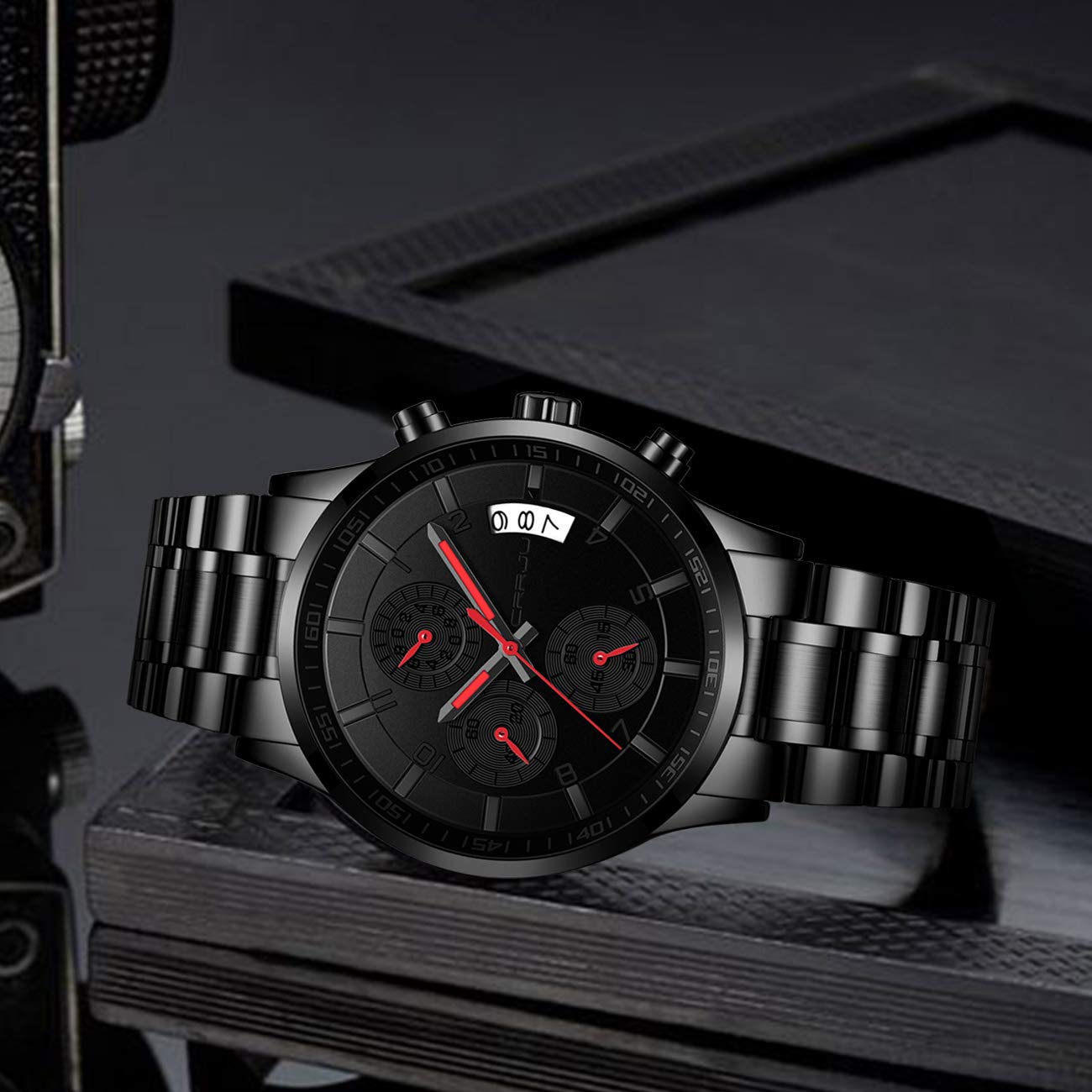 CRRJU Men's Fashion Stainless Steel Watches Date Waterproof Chronograph Wristwatches,Black Steel Band Waterproof Quartz Watch for Men