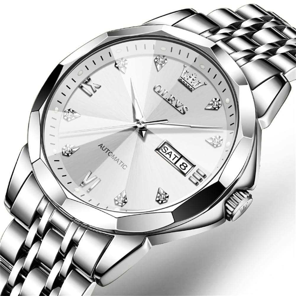OLEVS Skeleton Men Watches Automatic Business Luxury Diamond Self Winding Watch for Men Stainless Steel Calendar Wrist Watch