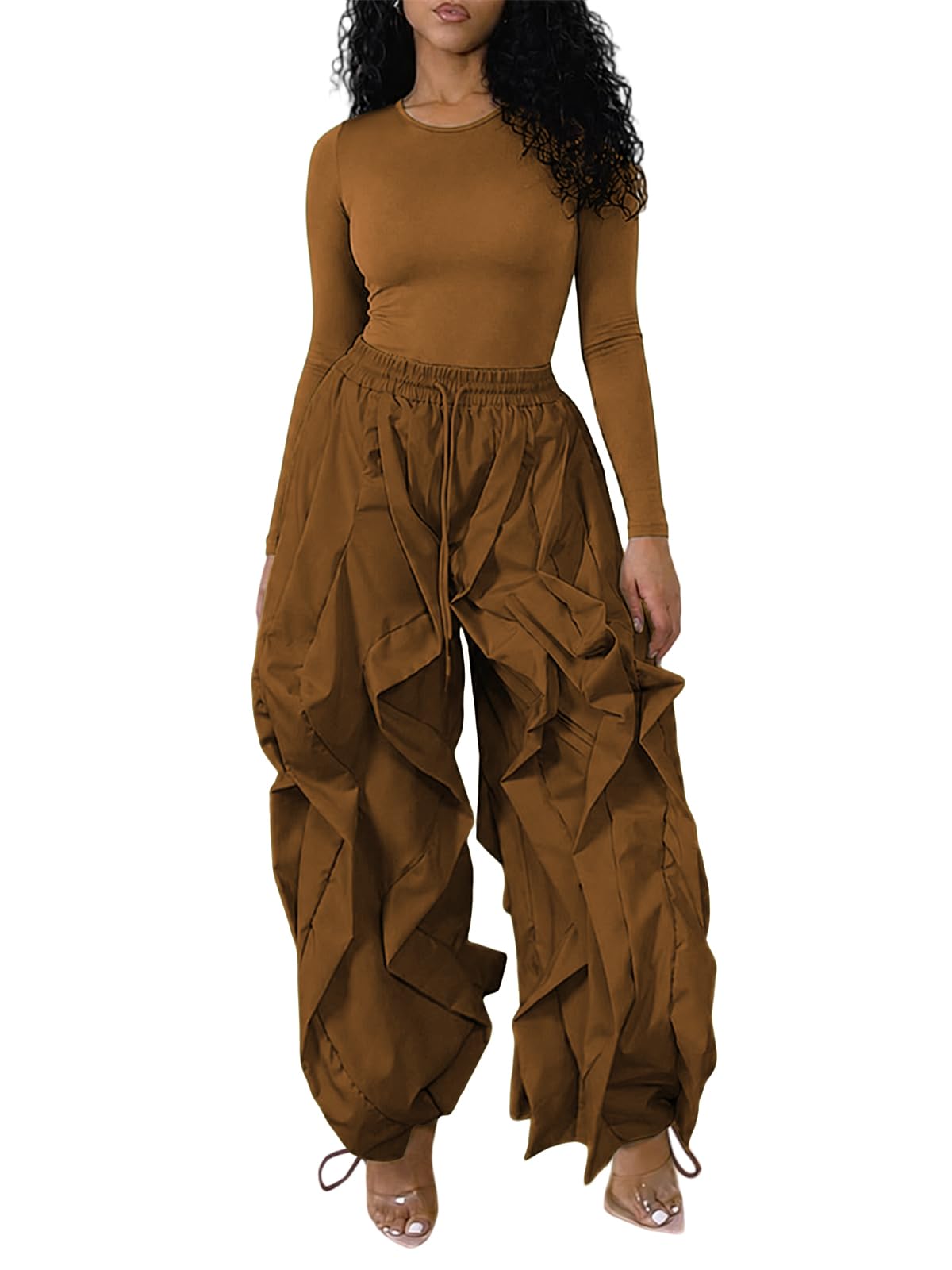 knowfashionstyle Women 2 Piece Outfits Cargo Parachute Pants Set Long Sleeve Top Baggy Y2K Balloon Pant Going Out Night Club