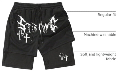 QJQ Men's 2 in 1 Goth Graphic Drawstring Elastic Waist Shorts Summer Casual Workout Athletic Gym Track Shorts