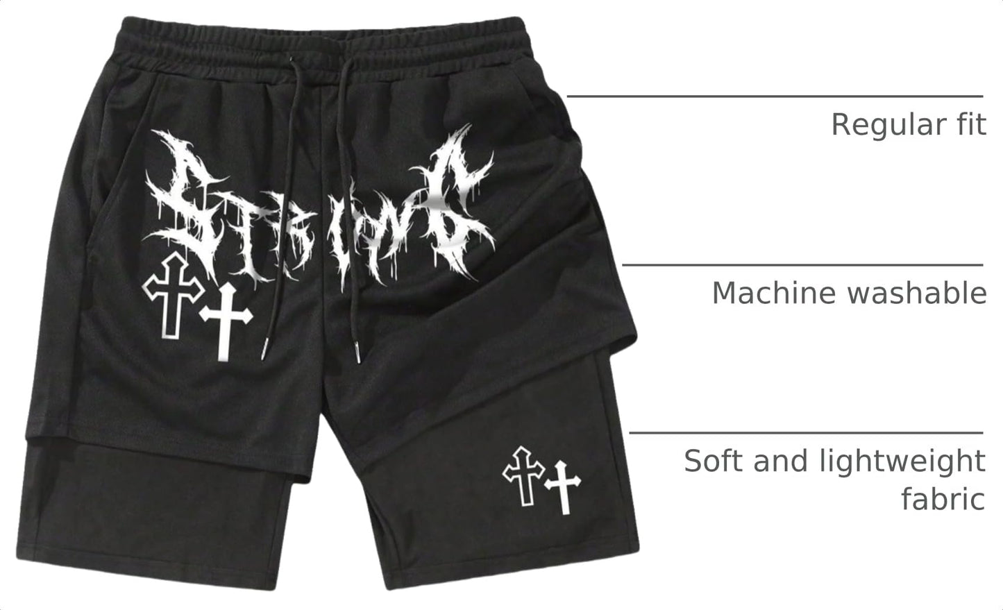 QJQ Men's 2 in 1 Goth Graphic Drawstring Elastic Waist Shorts Summer Casual Workout Athletic Gym Track Shorts