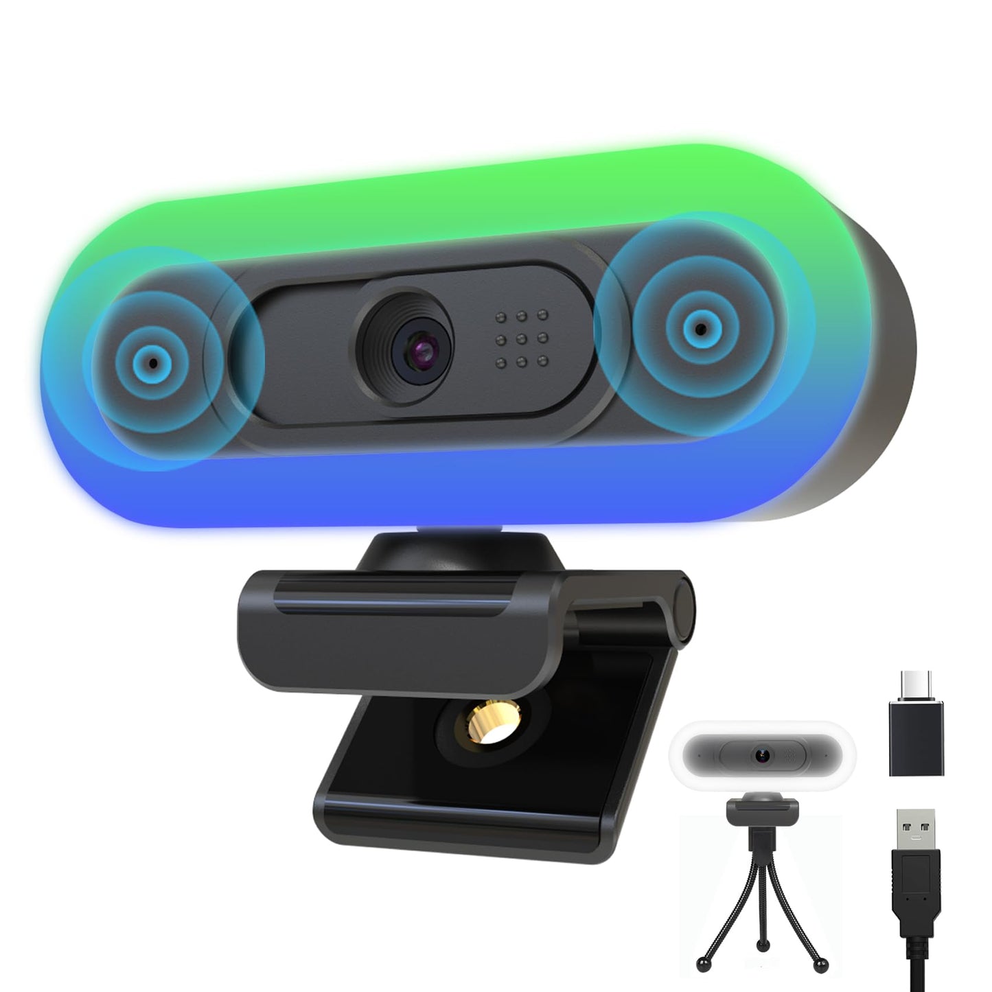 2K Webcam for PC with Microphone/Ring Light,USB C Computer Camera | Webcam with RGB/White Light/Cover,Autofocus,65°FOV, PC Web Camera for Desktop Computer Video Meeting/Gaming Streaming