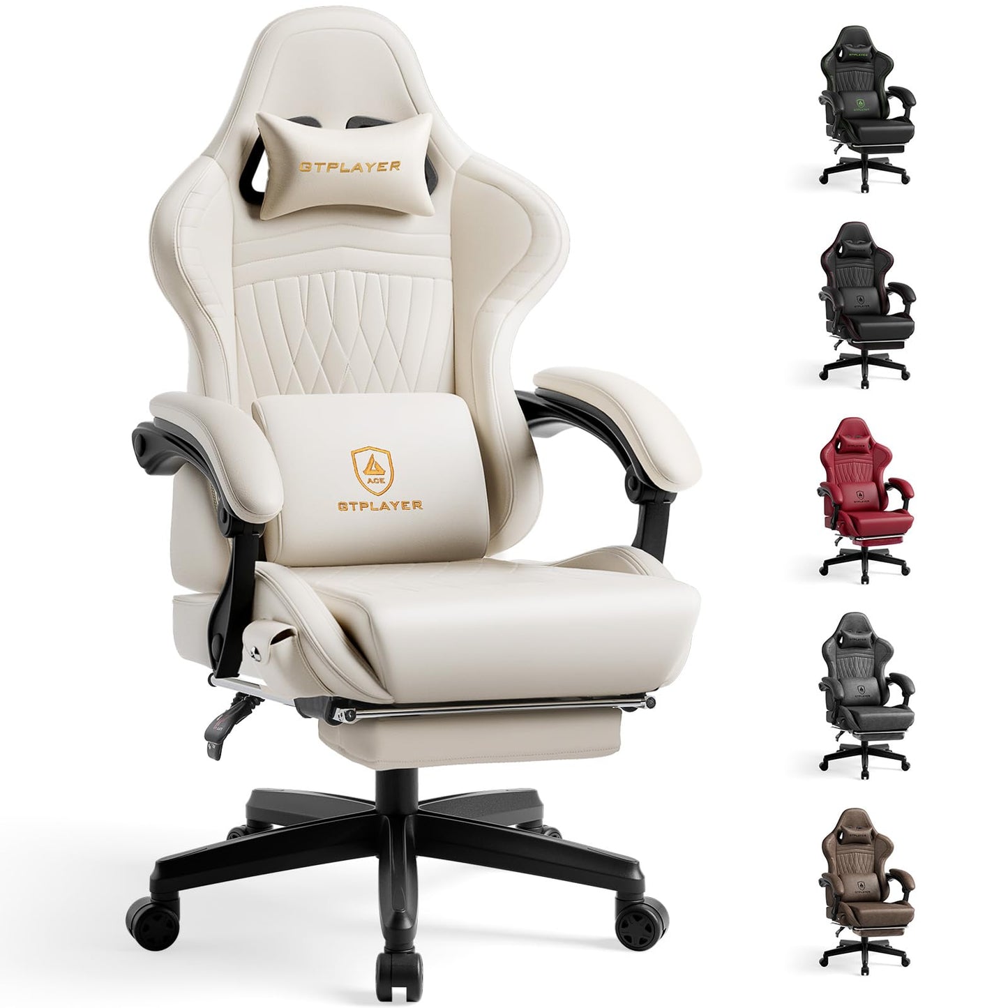 GTPLAYER Gaming Chair for Adults, Ergonomic Computer Game Chairs with Speakers, Footrest & Linkage Armrest, Reclining High Back Silla Gamer for Home Office, Ace Pro, Off-White