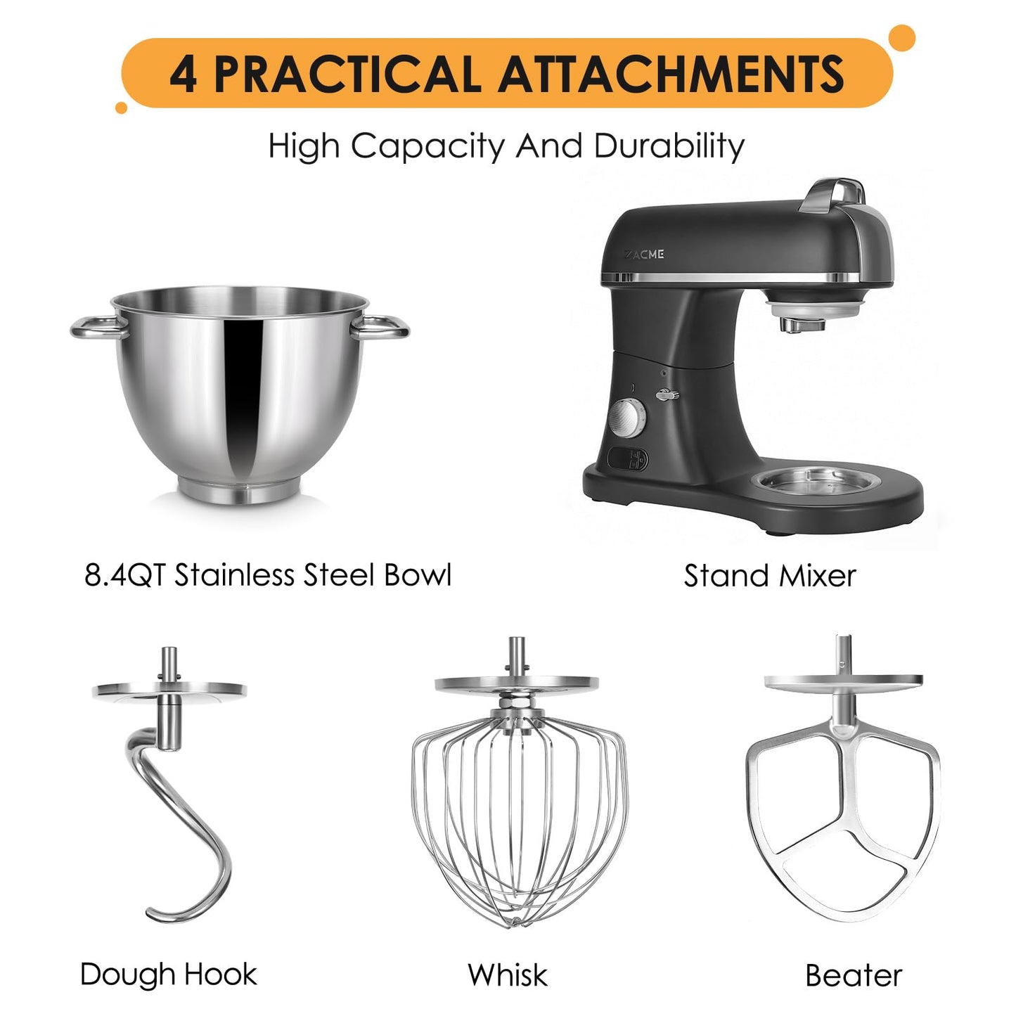 8.4QT Commercial Stand Mixer 800W with Aluminum Die Casting Meets the Standard of NSF/ANSI 8-2023, Mixers Kitchen Electric Stand Mixer with Stainless Steel 8L Bowl, Dough Hook, Whisk and Beater