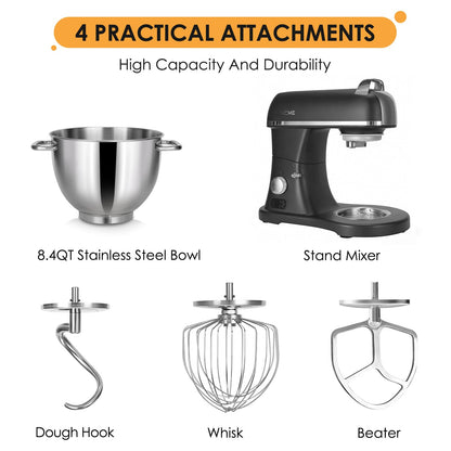 8.4QT Commercial Stand Mixer 800W with Aluminum Die Casting Meets the Standard of NSF/ANSI 8-2023, Mixers Kitchen Electric Stand Mixer with Stainless Steel 8L Bowl, Dough Hook, Whisk and Beater