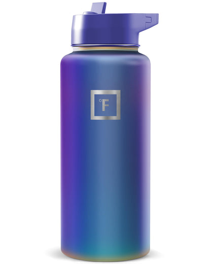 IRON °FLASK Camping & Hiking Hydration Flask with Straw, Wide Mouth Insulated Stainless Steel Sports Water Bottle - Midnight Black 24 oz - Straw (1 Lid)