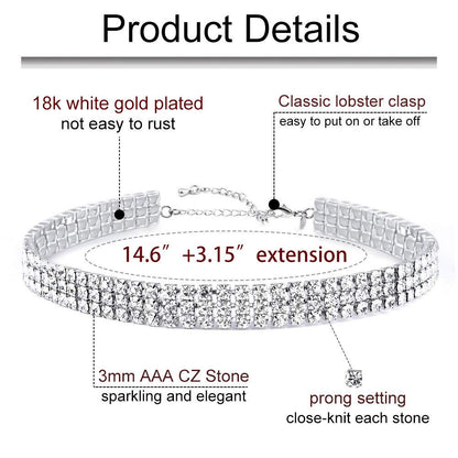 Zealmer 3 Row Rhinestone Choker Necklace for Women 18K Gold Plated