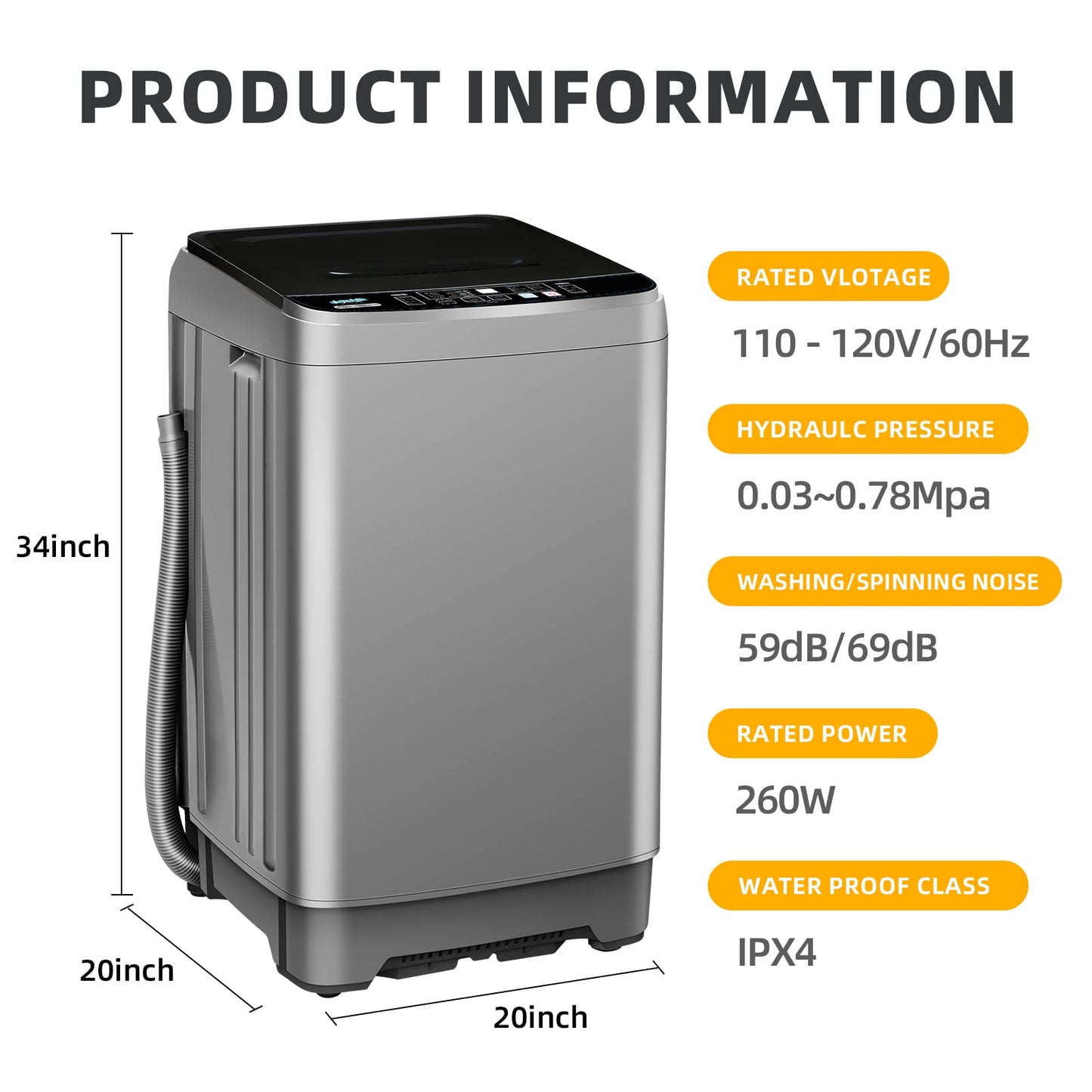 Portable Washing Machine, 17.7lbs Full-Automatic Small Washing Machine for Apartment, 10 Wash Programs with Drain Hose Dorm Size Portable Washer for RV, Home, College, Grey