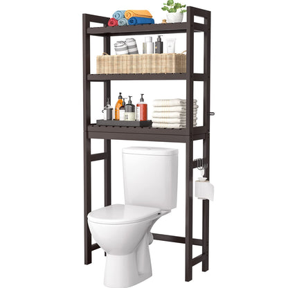 Homykic Over The Toilet Storage, Bamboo Over Toilet Bathroom Organizer Rack, Freestanding Bathroom Shelves Above Toilet Storage with 3 Hooks, Bathroom Space Saver, No Rust, Easy to Assemble, White