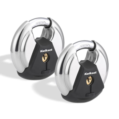 Kwikset Discus Padlock with Boron Carbide Shackle, High Security Outdoor Storage and Gate Lock, 2-3/4 in Body, 1 Pack, Silver